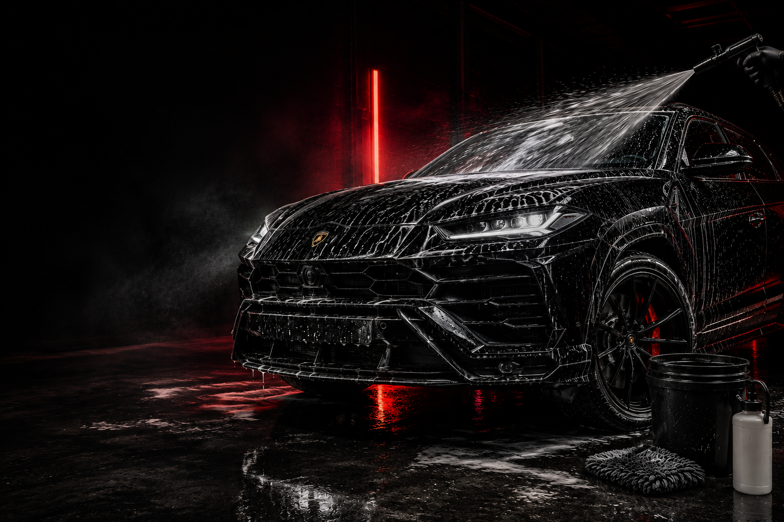 Detailer pressure-washing foam off a black SUV in a dark KingWash studio lit by red neon, with wash buckets and a wash mitt on a wet reflective floor