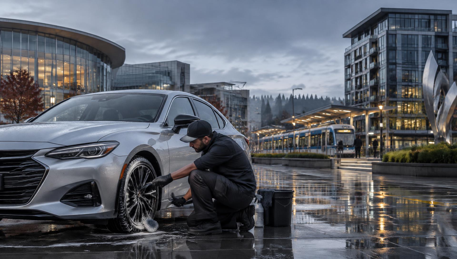 KingWash AutoSpa detailer cleaning the wheels of a silver sedan in a modern Beaverton, Oregon plaza