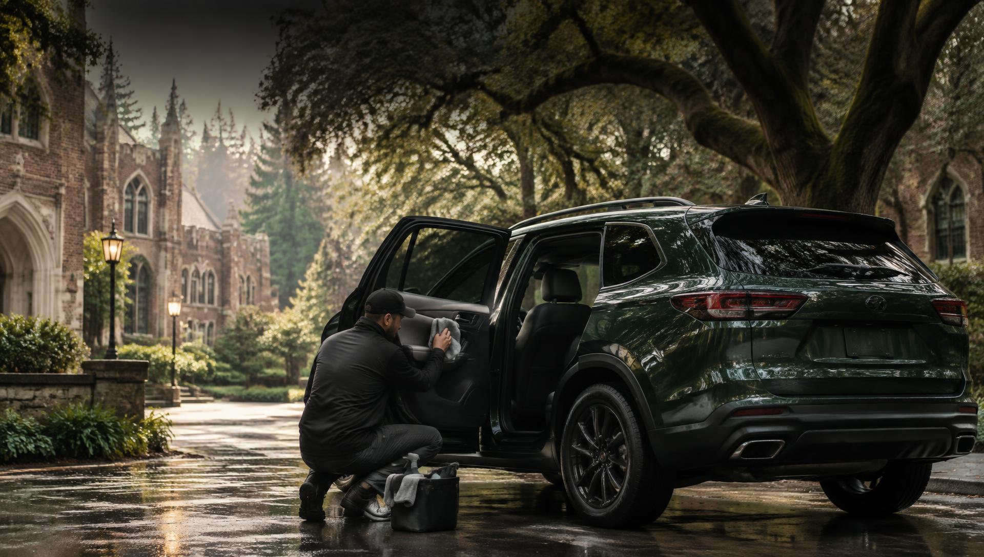 KingWash AutoSpa detailer wiping down the interior of a green crossover under oak trees by historic brick architecture in Forest Grove, Oregon