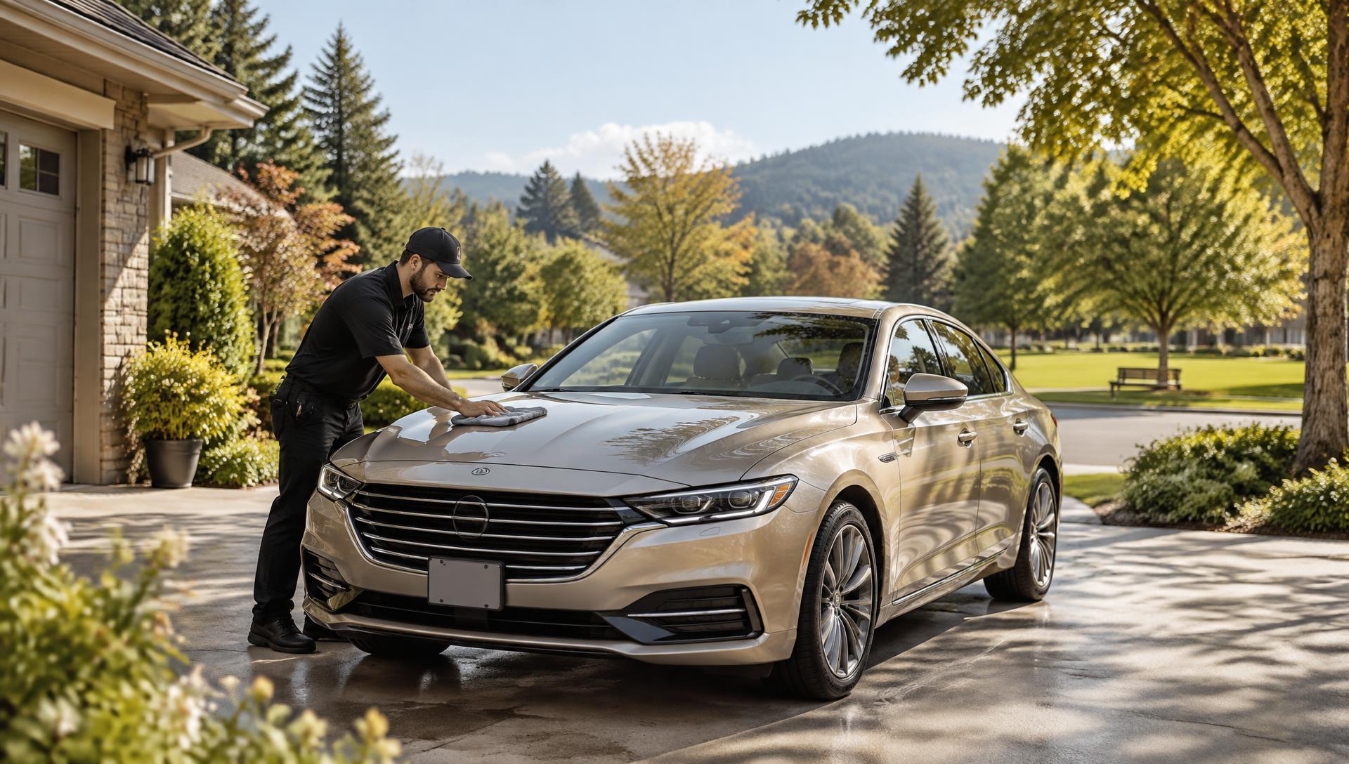 KingWash AutoSpa detailer polishing a clean sedan in a tree-lined King City, Oregon residential driveway