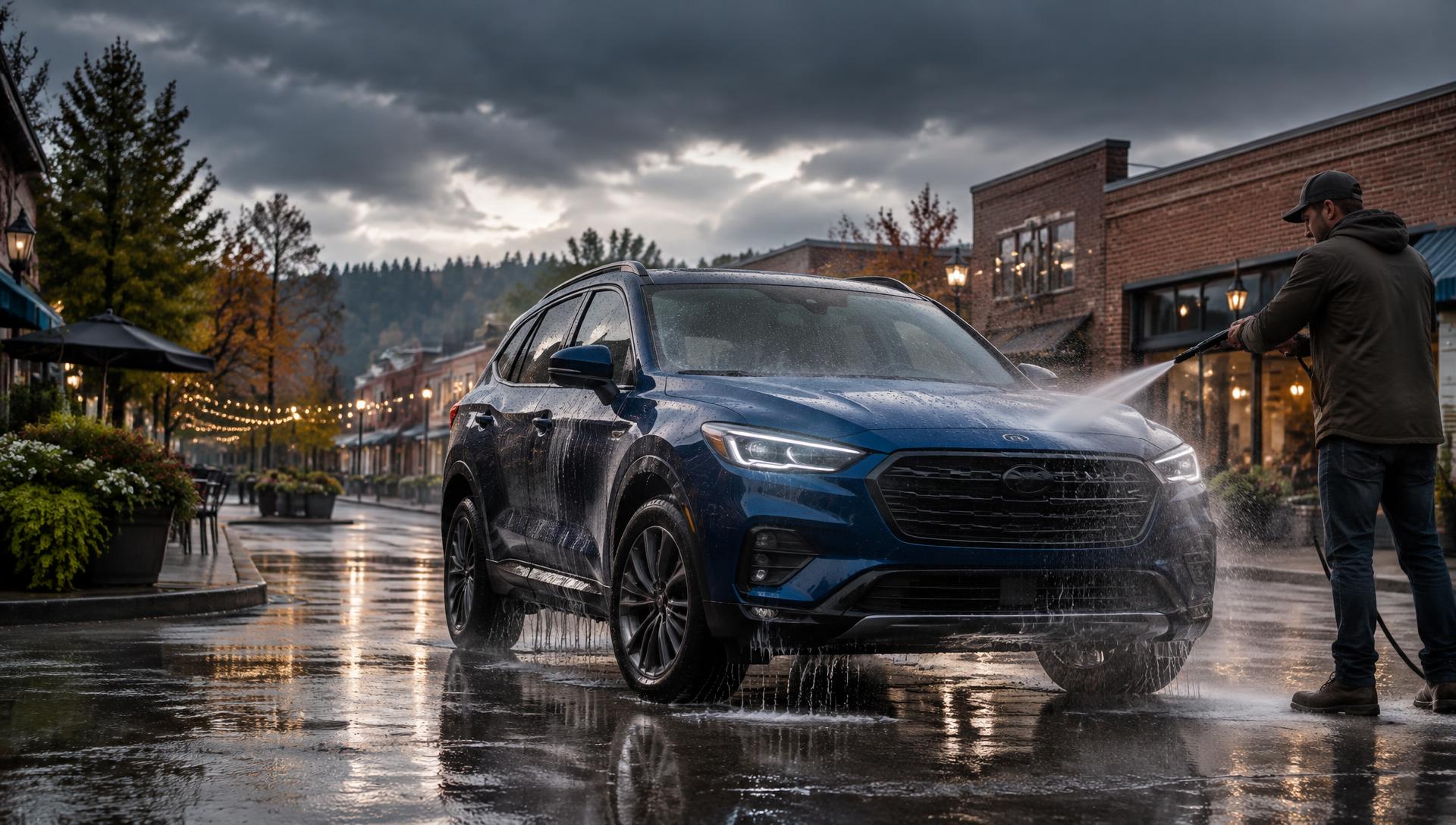 KingWash AutoSpa detailer rinsing a blue crossover on a downtown Tigard, Oregon main street