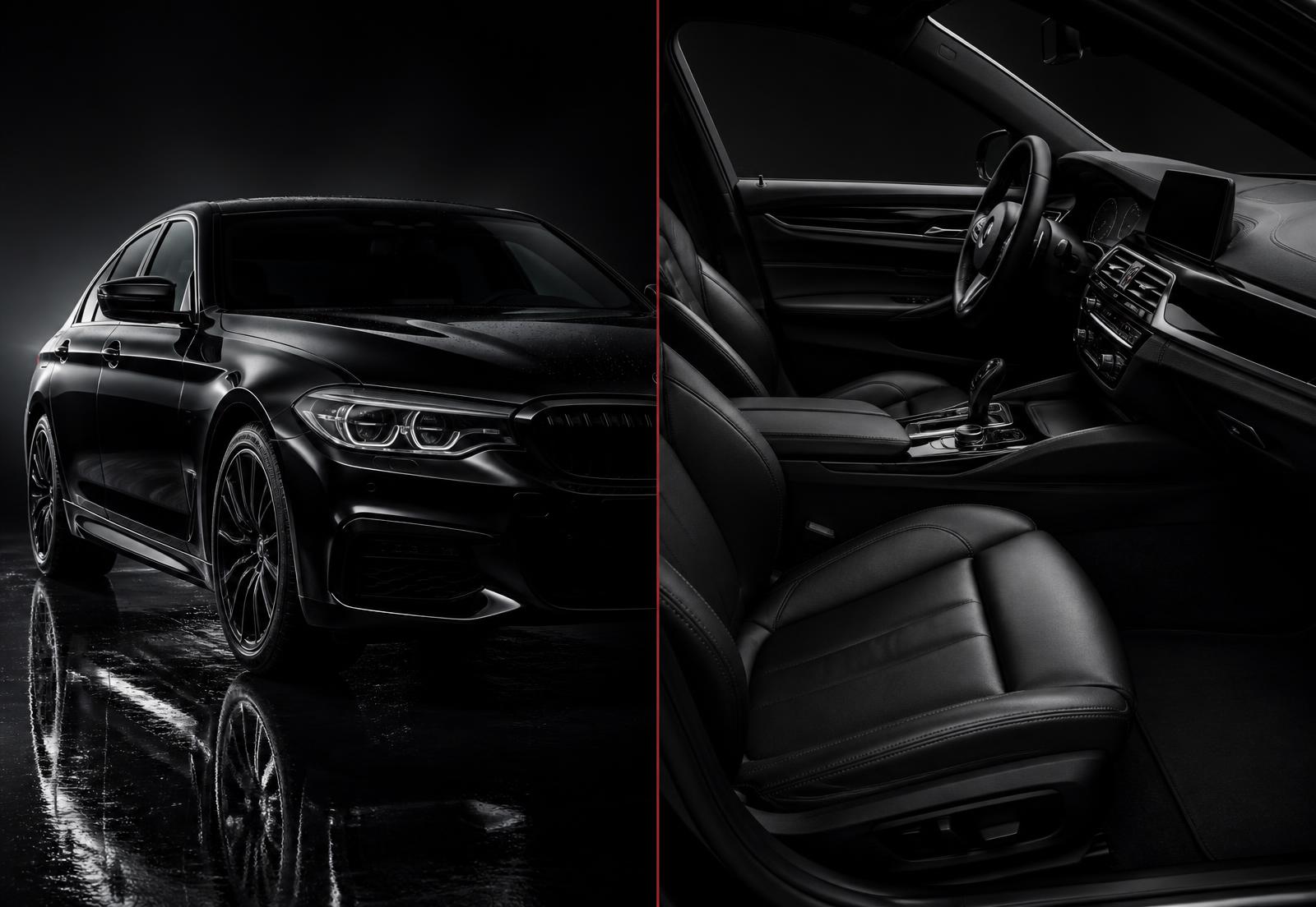 Split frame showing a finished glossy black sedan exterior alongside its fully detailed cabin — the complete KingWash full detail