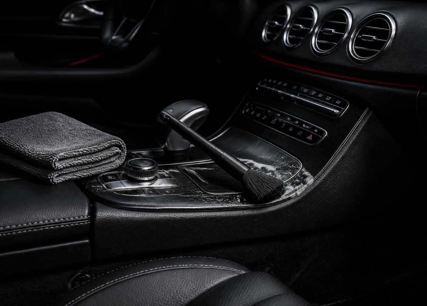 Detailing brush and microfiber towel working the centre console of a premium black leather cabin during a deep interior detail